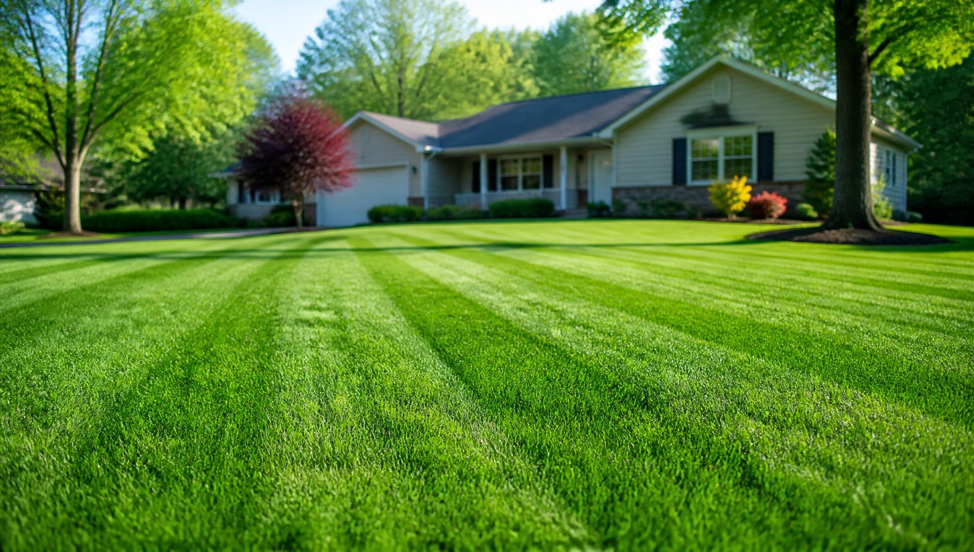 Healthy striped green lawn in front of a Michigan home